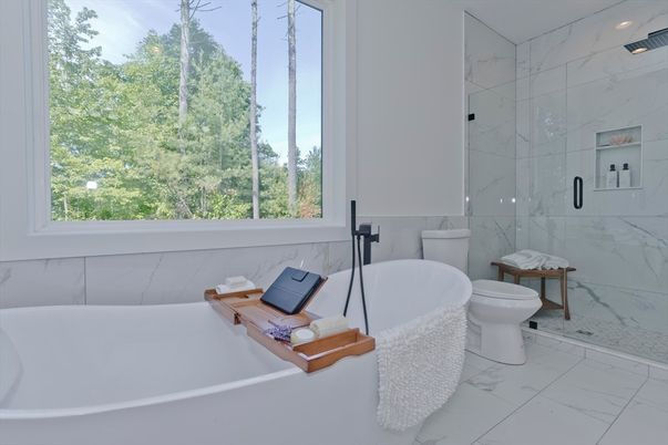Bathroom, Free Standing Baths, Glass Shower, Interior, Marble, Marble Walls, Recessed Lighting