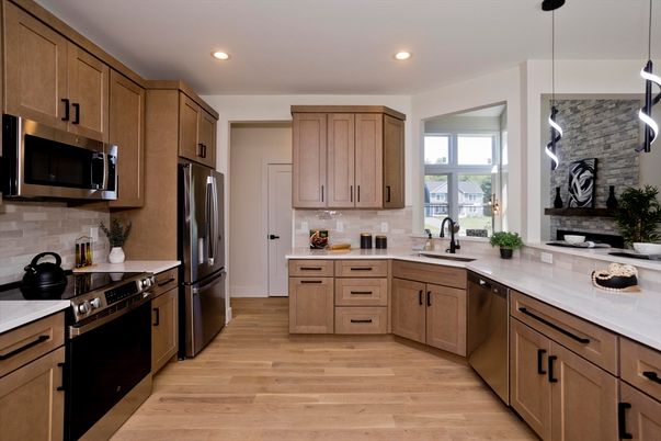 Interior, Kitchen, Pendant Lights, Recessed Lighting, Stainless Steel Appliances, Stone Walls, Wood Texture Flooring