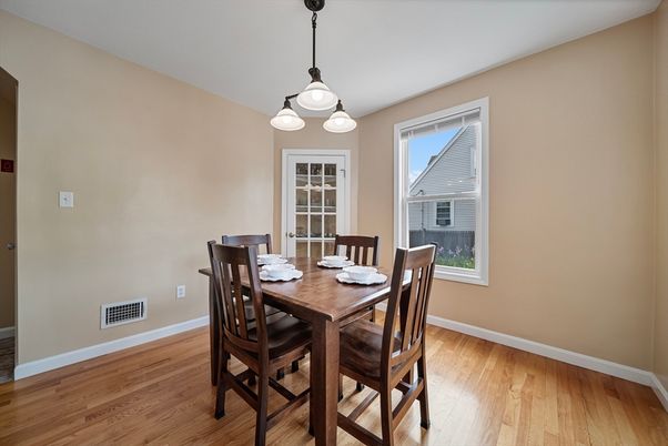 Dining room, Interior, Pendant Lights, Wood Texture Flooring