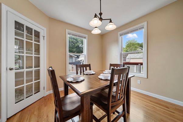 Dining room, Interior, Pendant Lights, Wood Texture Flooring