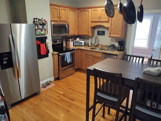 Dining room, Interior, Kitchen, Stainless Steel Appliances, Wood Texture Flooring
