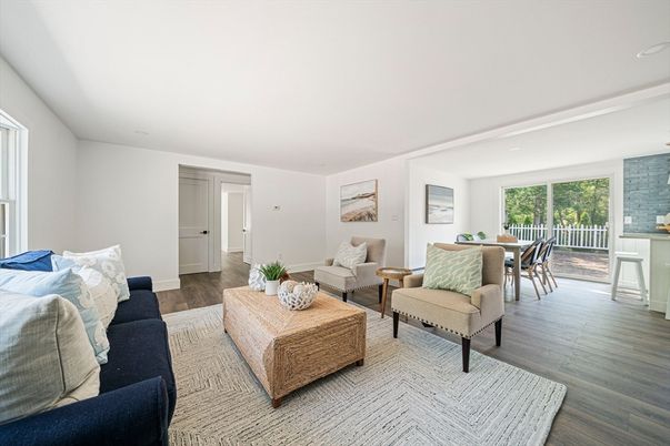 Dining room, Interior, Living room, Recessed Lighting, Wood Texture Flooring