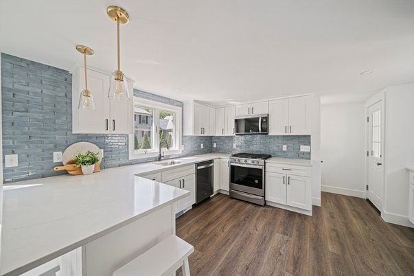Interior, Kitchen, Pendant Lights, Stainless Steel Appliances, Wood Texture Flooring