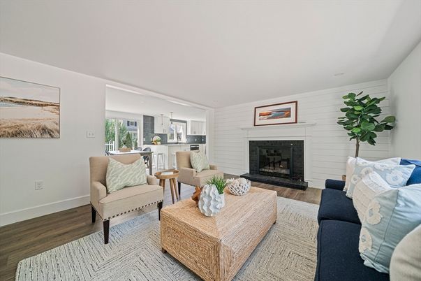 Fireplace, Interior, Kitchen, Living room, Pendant Lights, Wood Texture Flooring