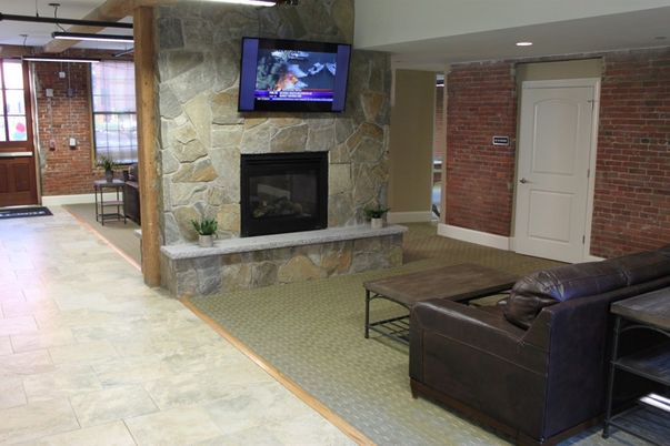 Fireplace, Interior, Living room, Recessed Lighting, Stone Walls