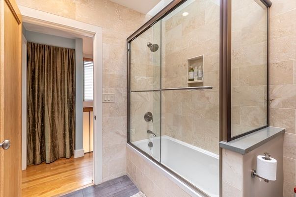 Bathroom, Glass Shower, Interior, Recessed Lighting, Wood Texture Flooring