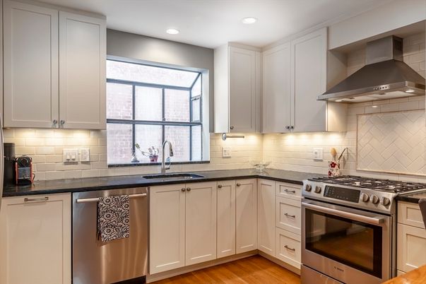 Interior, Kitchen, Recessed Lighting, Stainless Steel Appliances, Wood Texture Flooring