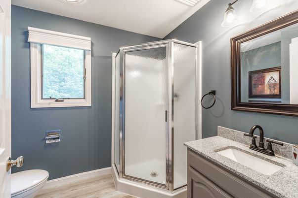 Bathroom, Glass Shower, Interior, Wood Texture Flooring