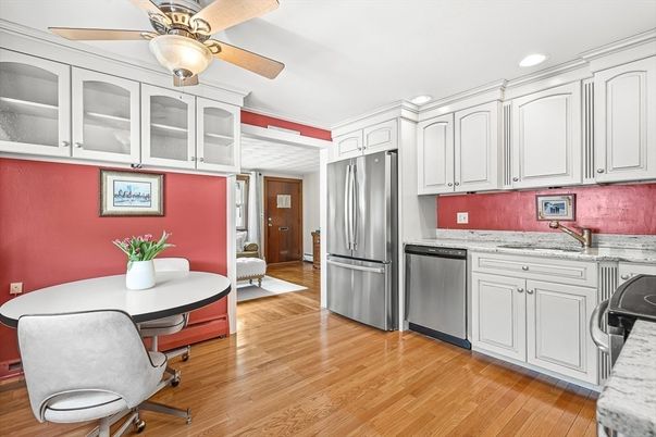 Dining room, Interior, Kitchen, Recessed Lighting, Stainless Steel Appliances, Wood Texture Flooring