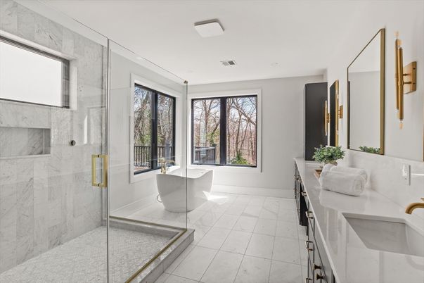 Bathroom, Dual Sink Vanities, Free Standing Baths, Glass Shower, Interior, Marble, Marble Walls, Recessed Lighting