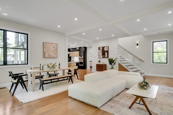 Dining room, Interior, Kitchen, Living room, Recessed Lighting, Stainless Steel Appliances, Wood Texture Flooring