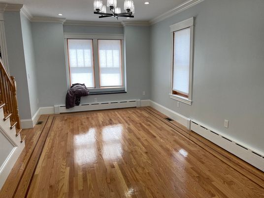 Chandelier, Empty room, Interior, Recessed Lighting, Wood Texture Flooring