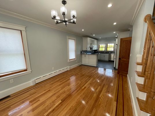 Chandelier, Empty room, Interior, Kitchen, Recessed Lighting, Wood Texture Flooring