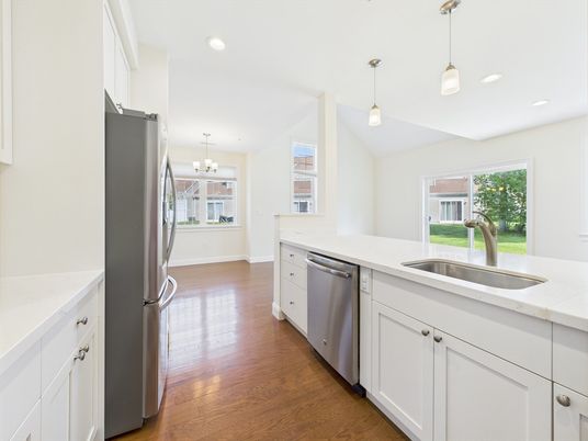 Chandelier, Interior, Kitchen, Pendant Lights, Recessed Lighting, Wood Texture Flooring