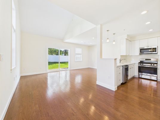 Empty room, Interior, Kitchen, Pendant Lights, Recessed Lighting, Stainless Steel Appliances, Wood Texture Flooring