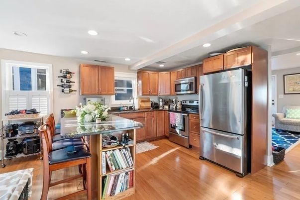 Dining room, Interior, Kitchen, Recessed Lighting, Stainless Steel Appliances, Wood Texture Flooring