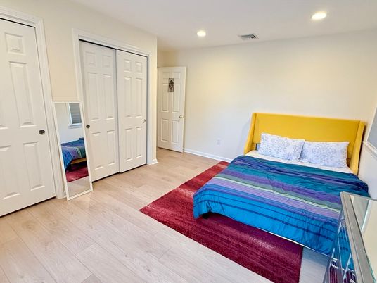 Bedroom, Interior, Recessed Lighting, Wood Texture Flooring