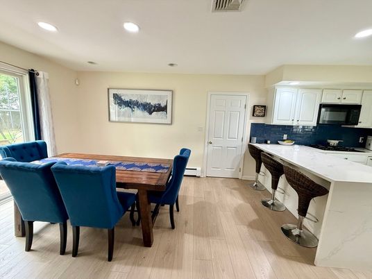 Dining room, Interior, Kitchen, Recessed Lighting, Wood Texture Flooring