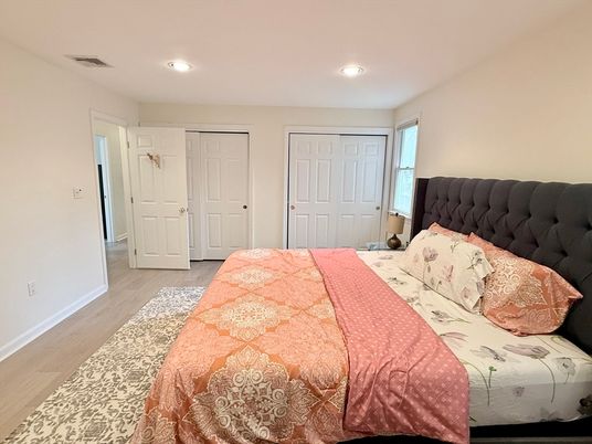 Bedroom, Interior, Recessed Lighting, Wood Texture Flooring