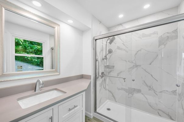 Bathroom, Glass Shower, Interior, Marble Walls, Recessed Lighting