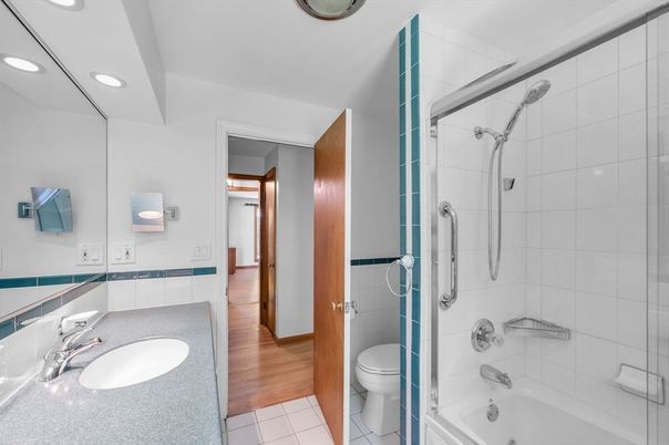 Bathroom, Glass Shower, Interior, Recessed Lighting, Wood Texture Flooring