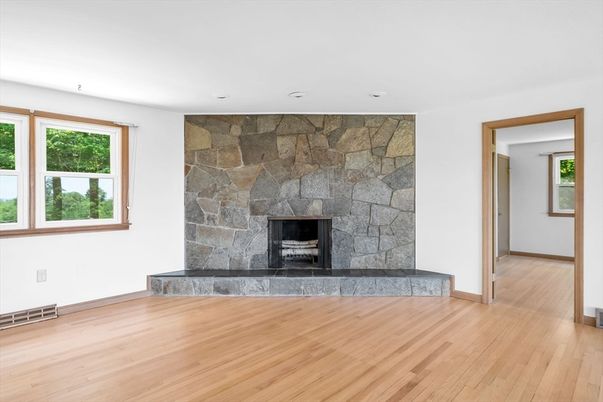 Empty room, Fireplace, Interior, Stone Walls, Wood Texture Flooring
