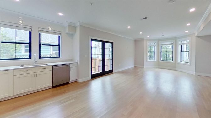Empty room, Interior, Kitchen, Recessed Lighting, Wood Texture Flooring