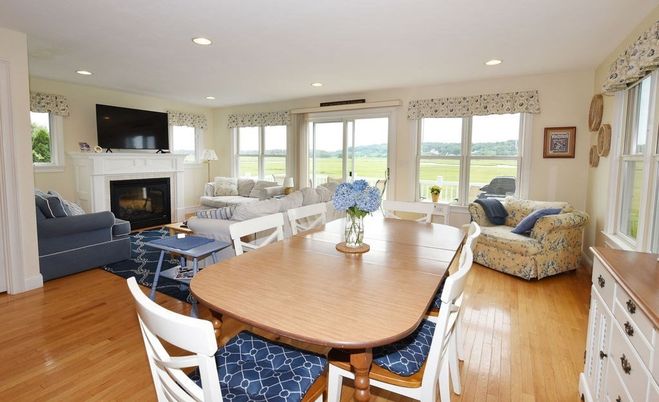 Dining room, Fireplace, Interior, Living room, Recessed Lighting, Wood Texture Flooring