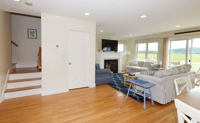 Fireplace, Interior, Living room, Recessed Lighting, Wood Texture Flooring