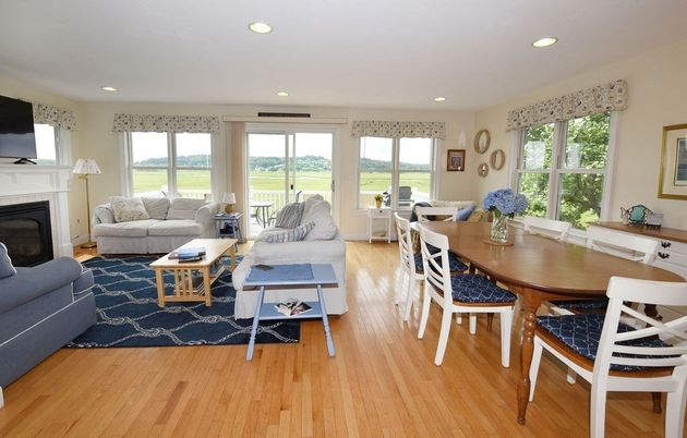 Dining room, Fireplace, Interior, Living room, Recessed Lighting, Wood Texture Flooring