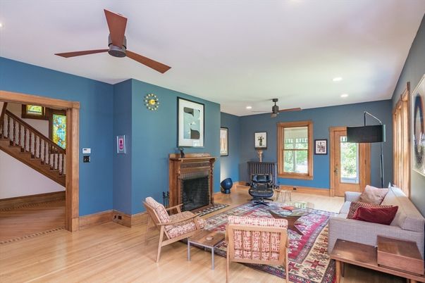 Fireplace, Interior, Living room, Recessed Lighting, Wood Texture Flooring