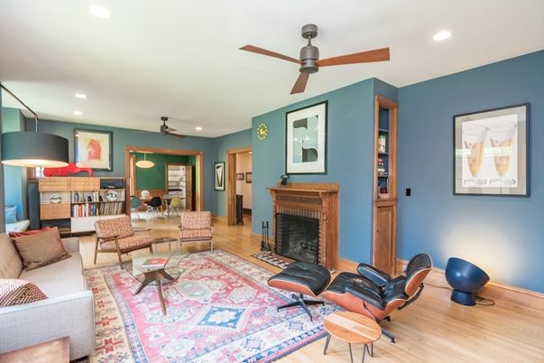 Fireplace, Home Office, Interior, Living room, Recessed Lighting, Wood Texture Flooring
