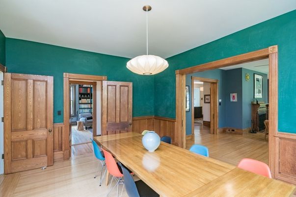 Dining room, Interior, Pendant Lights, Wood Texture Flooring