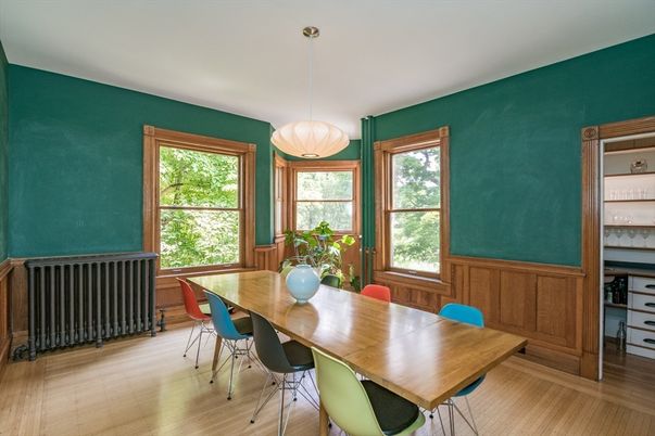 Dining room, Interior, Pendant Lights, Wood Texture Flooring