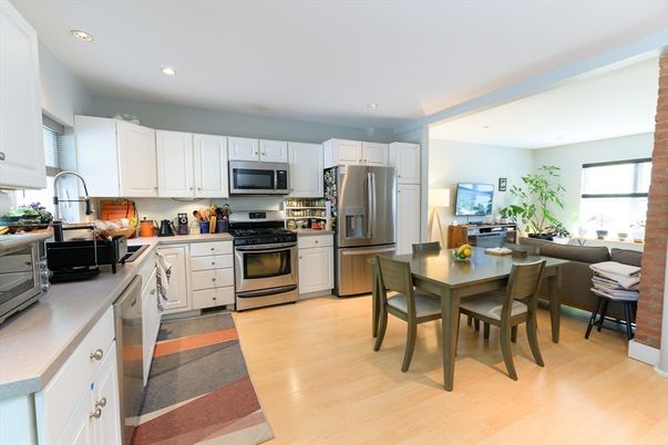 Dining room, Interior, Kitchen, Recessed Lighting, Stainless Steel Appliances, Wood Texture Flooring