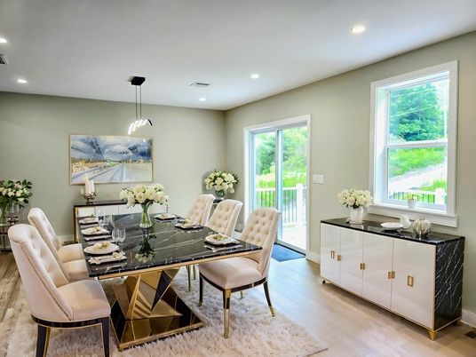 Dining room, Interior, Pendant Lights, Recessed Lighting, Wood Texture Flooring