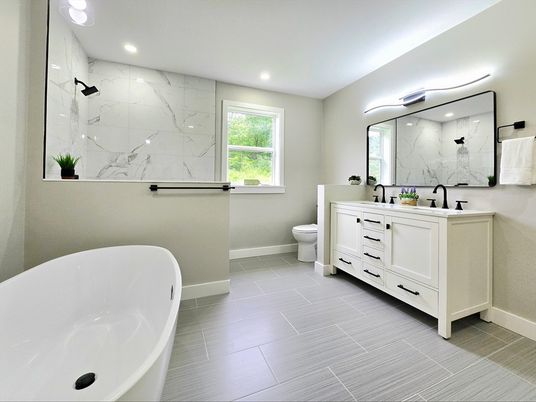 Bathroom, Dual Sink Vanities, Free Standing Baths, Interior, Marble Walls, Recessed Lighting