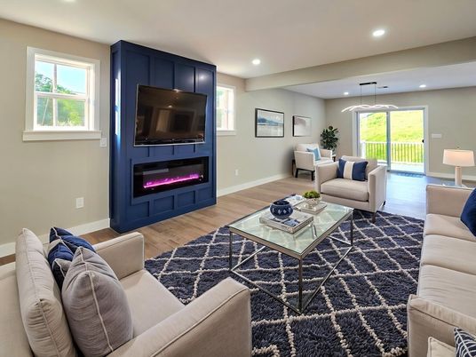 Fireplace, Interior, Living room, Pendant Lights, Recessed Lighting, Wood Texture Flooring