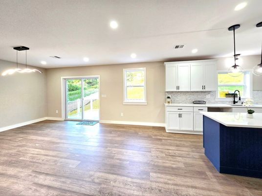 Empty room, Interior, Kitchen, Pendant Lights, Recessed Lighting, Wood Texture Flooring