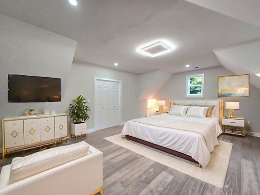 Bedroom, Interior, Recessed Lighting, Wood Texture Flooring