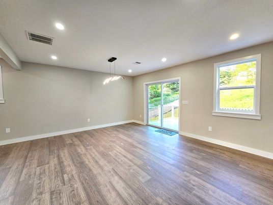 Empty room, Interior, Pendant Lights, Recessed Lighting, Wood Texture Flooring