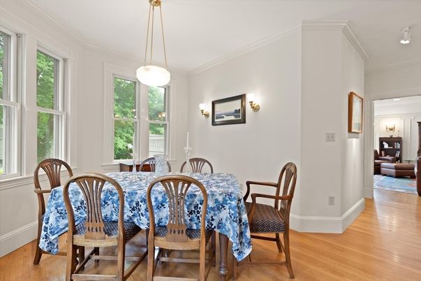 Dining room, Interior, Pendant Lights, Wood Texture Flooring