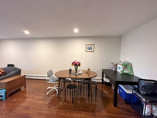 Dining room, Interior, Recessed Lighting, Wood Texture Flooring