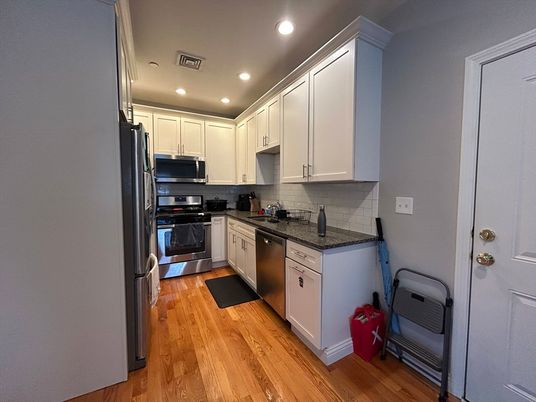 Interior, Kitchen, Recessed Lighting, Stainless Steel Appliances, Wood Texture Flooring