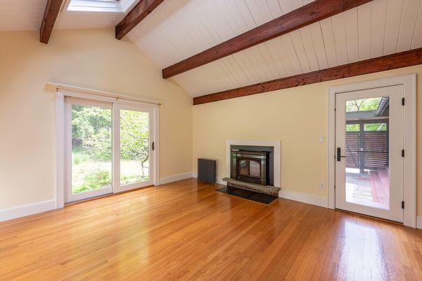 Empty room, Fireplace, Interior, Wooden Beams, Wood Texture Flooring