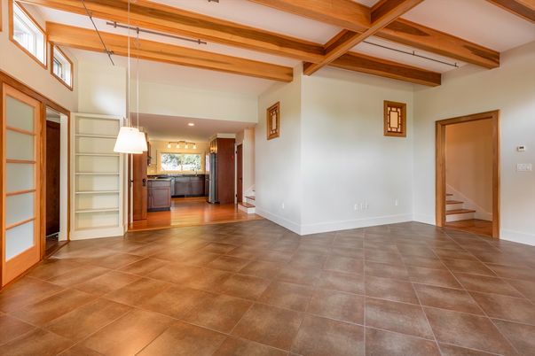 Empty room, Interior, Pendant Lights, Recessed Lighting, Wooden Beams