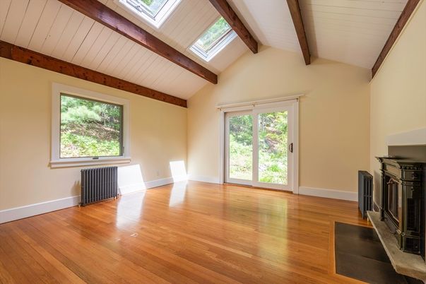 Empty room, Fireplace, Interior, Wooden Beams, Wood Texture Flooring