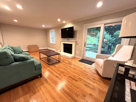 Fireplace, Interior, Living room, Recessed Lighting, Wood Texture Flooring