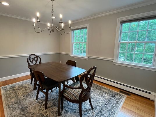 Chandelier, Dining room, Interior, Recessed Lighting, Wood Texture Flooring
