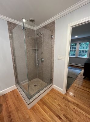 Bathroom, Glass Shower, Interior, Recessed Lighting, Wood Texture Flooring